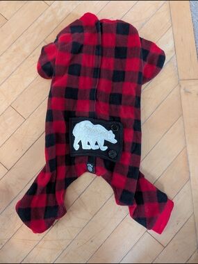 15lb Dog Pajamas Red and Black Buffalo Plaid One-Piece with Bear Patch